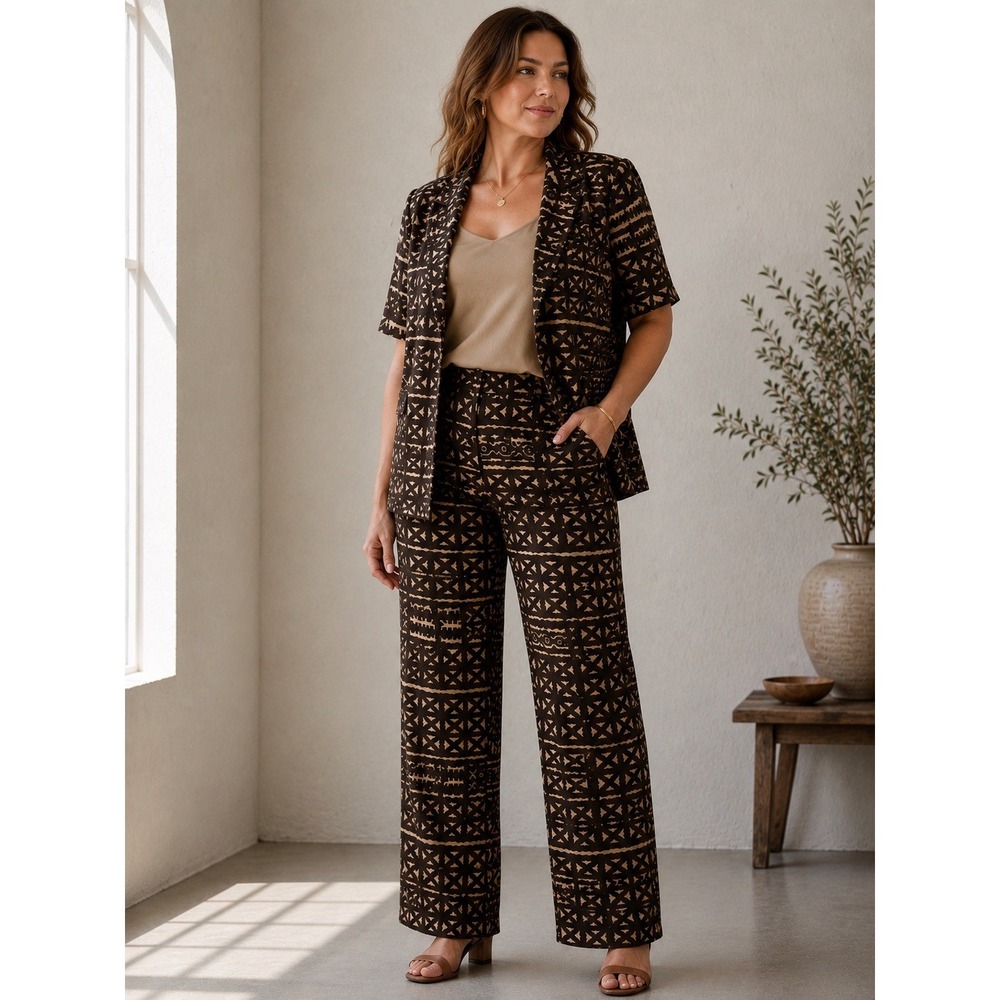 Liz Claiborne Collection Brown Tribal Print Linen Pant Suit Set 2 Piece 12